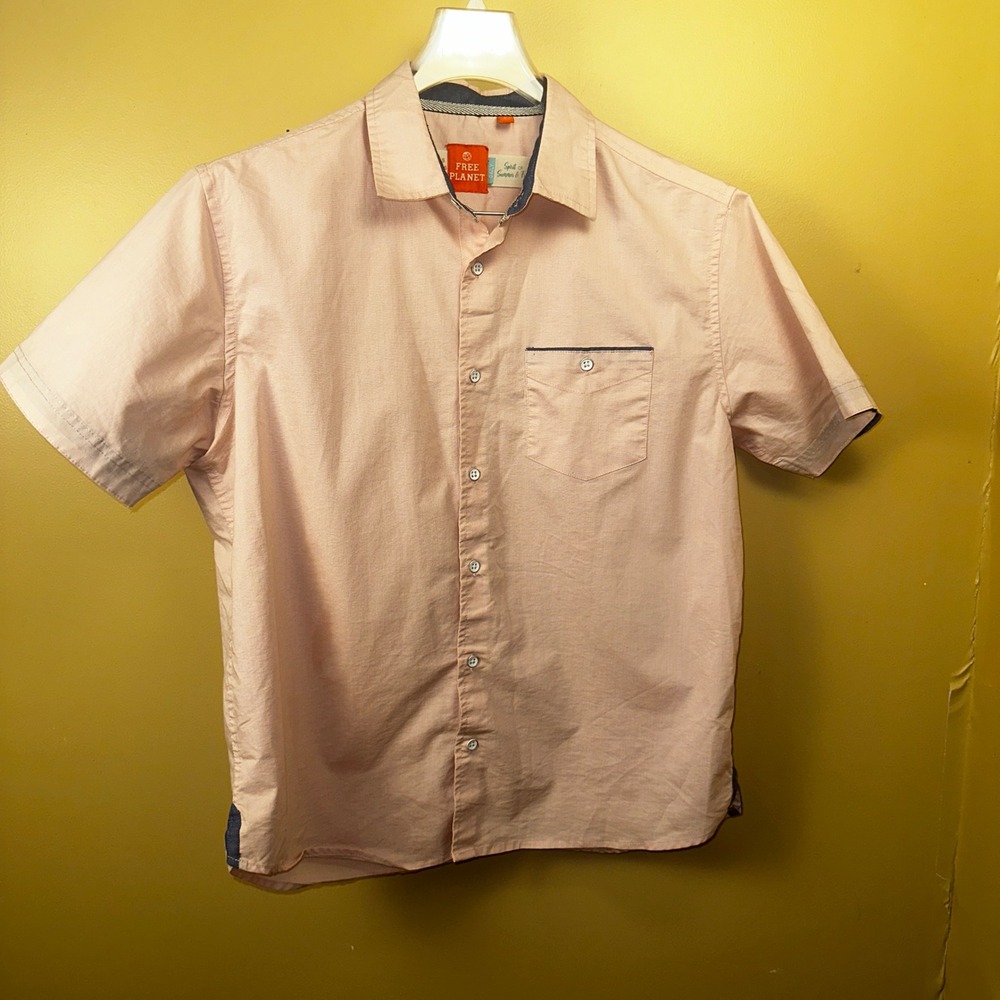 Free Planet Men's Pink Geometric Short Sleeve Button Up Shirt Paradise Is Call L